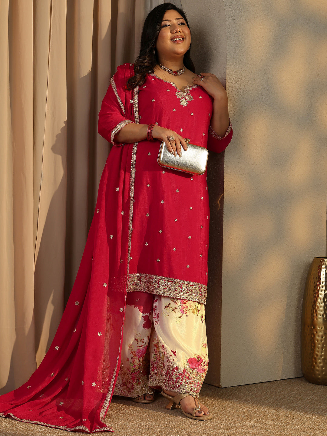 Plus Size Red Embroidered Chinon Straight Suit Set With Dupatta