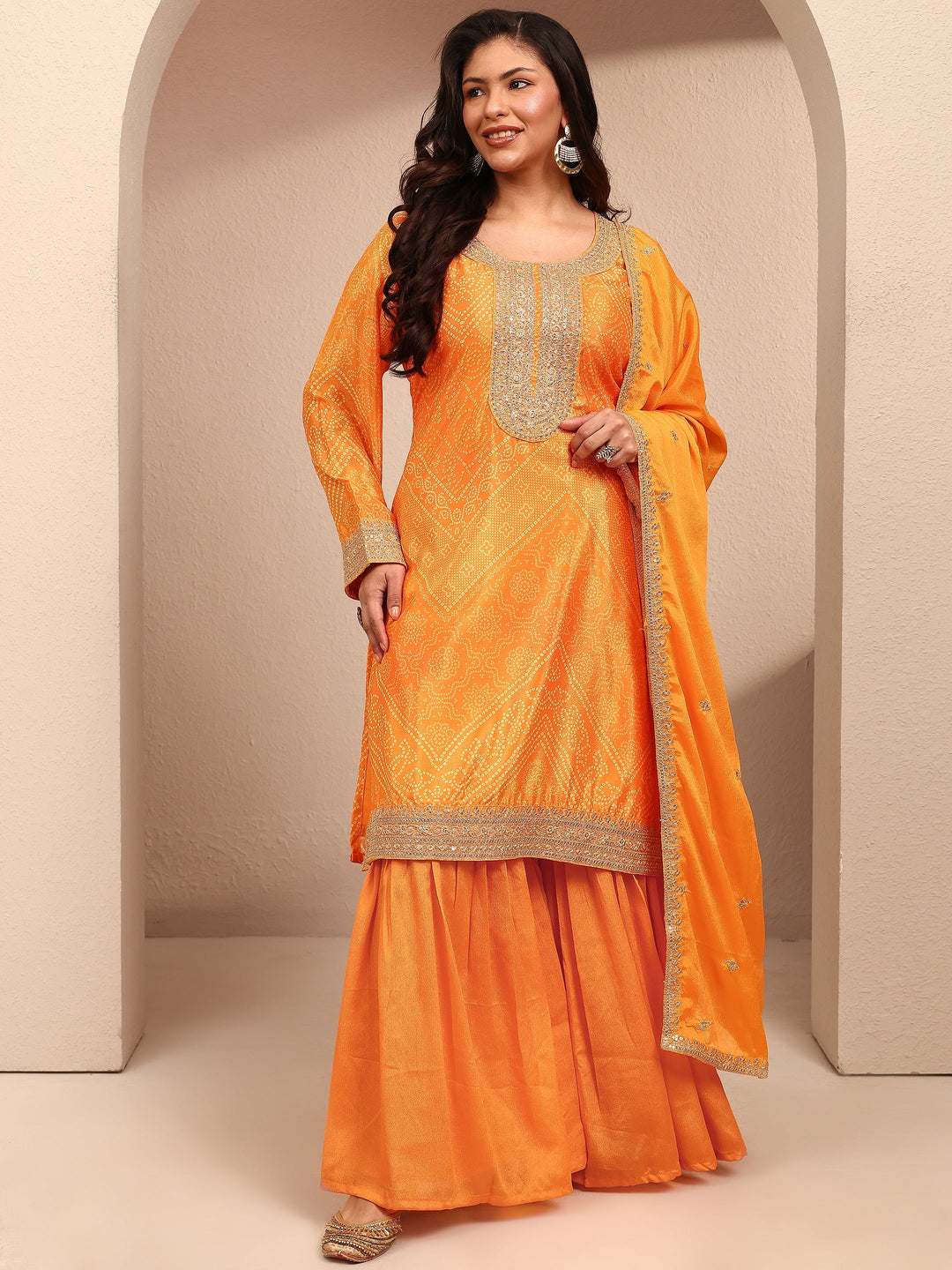 Plus Size Mustard Bandhani Bandhani Print Plus Size Clothing Chinon Straight Suit Set With Dupatta