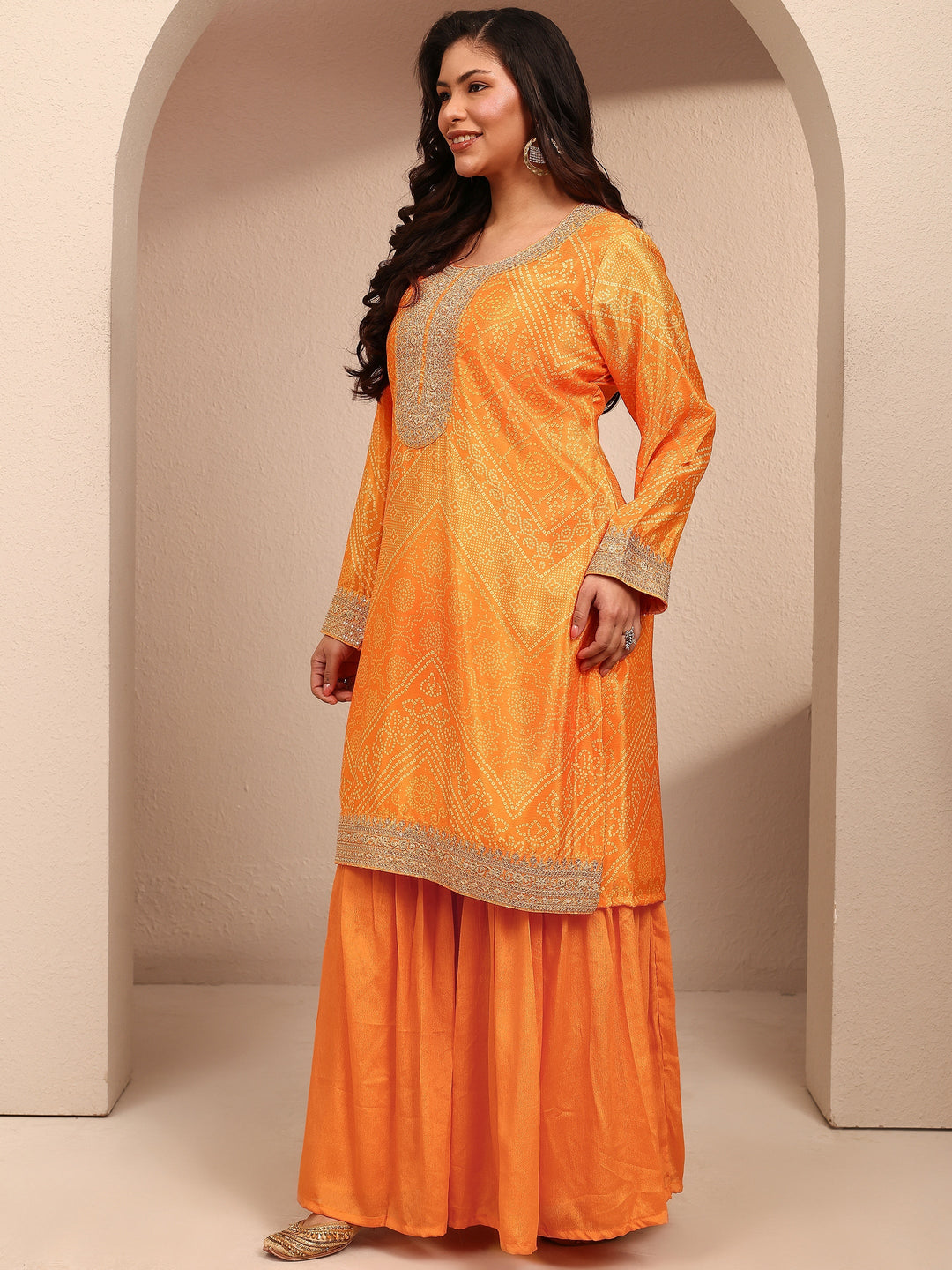 Plus Size Mustard Bandhani Bandhani Print Plus Size Clothing Chinon Straight Suit Set With Dupatta