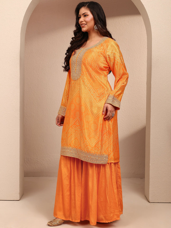 Plus Size Mustard Bandhani Bandhani Print Plus Size Clothing Chinon Straight Suit Set With Dupatta