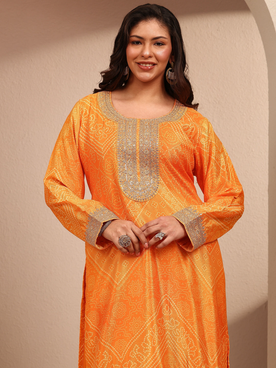 Plus Size Mustard Bandhani Bandhani Print Plus Size Clothing Chinon Straight Suit Set With Dupatta