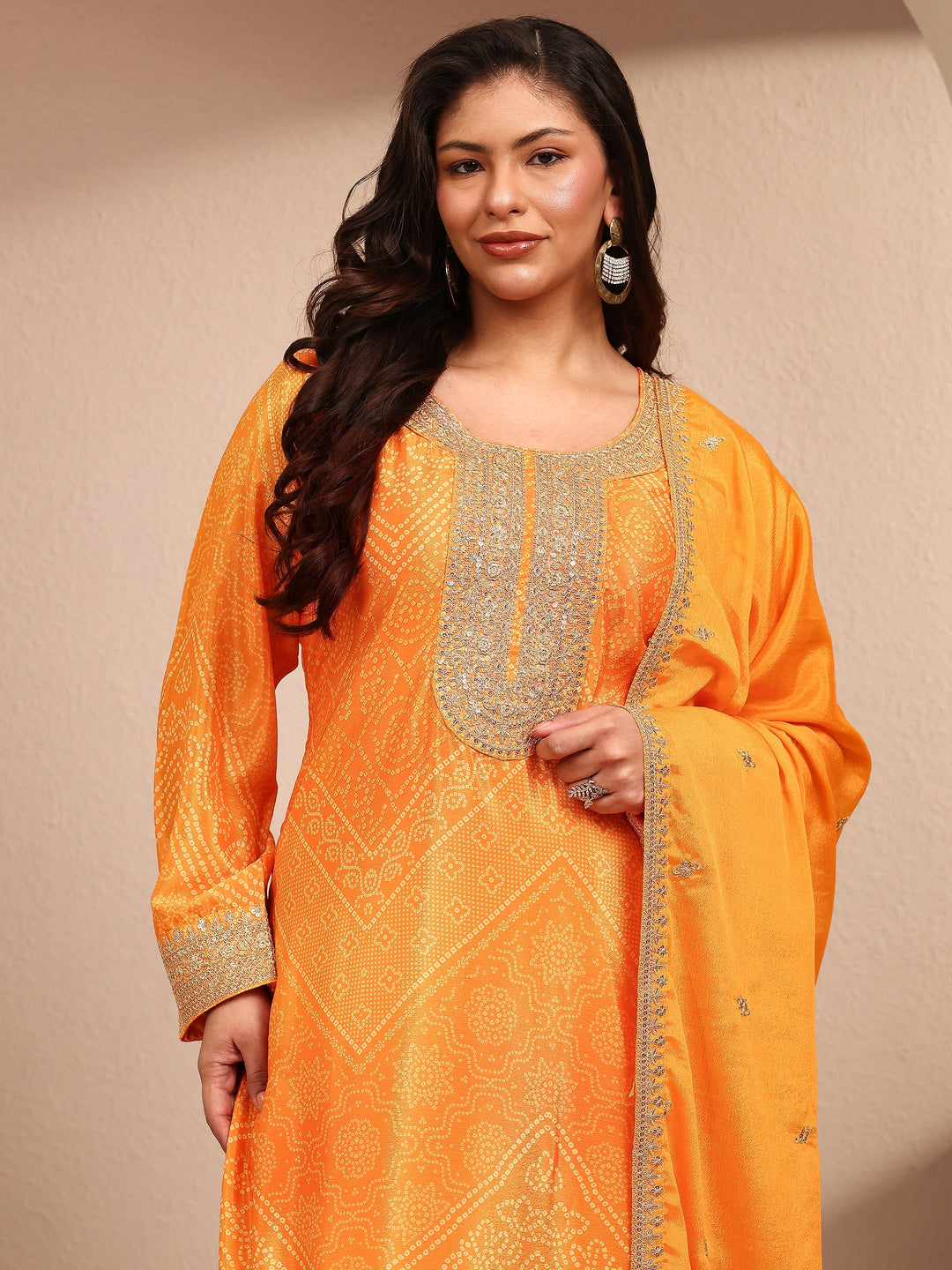 Plus Size Mustard Bandhani Bandhani Print Plus Size Clothing Chinon Straight Suit Set With Dupatta