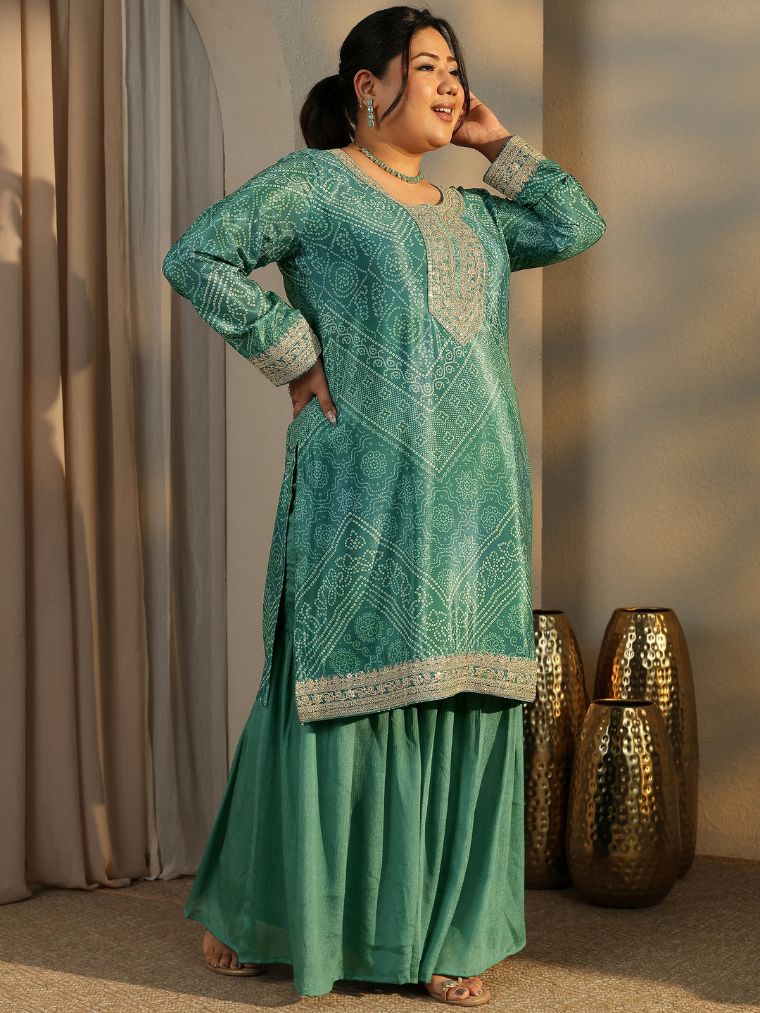 Plus Size Bandhani Printed Chinon Straight Suit Set With Dupatta