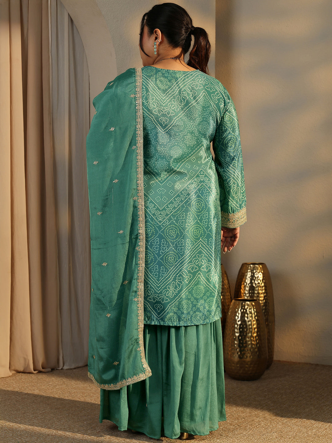 Plus Size Bandhani Printed Chinon Straight Suit Set With Dupatta