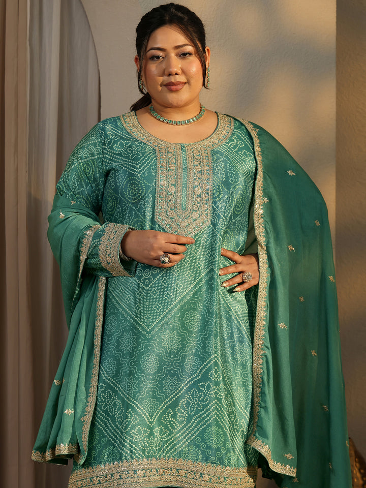 Plus Size Bandhani Printed Chinon Straight Suit Set With Dupatta
