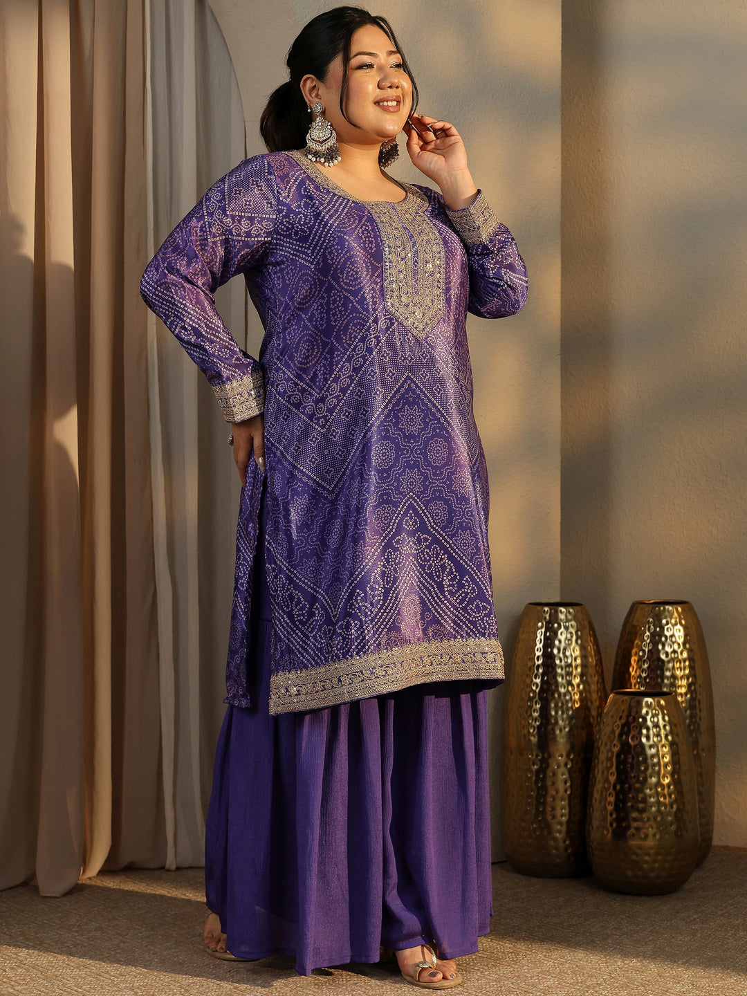 Plus Size Bandhani Printed Chinon Straight Suit Set With Dupatta