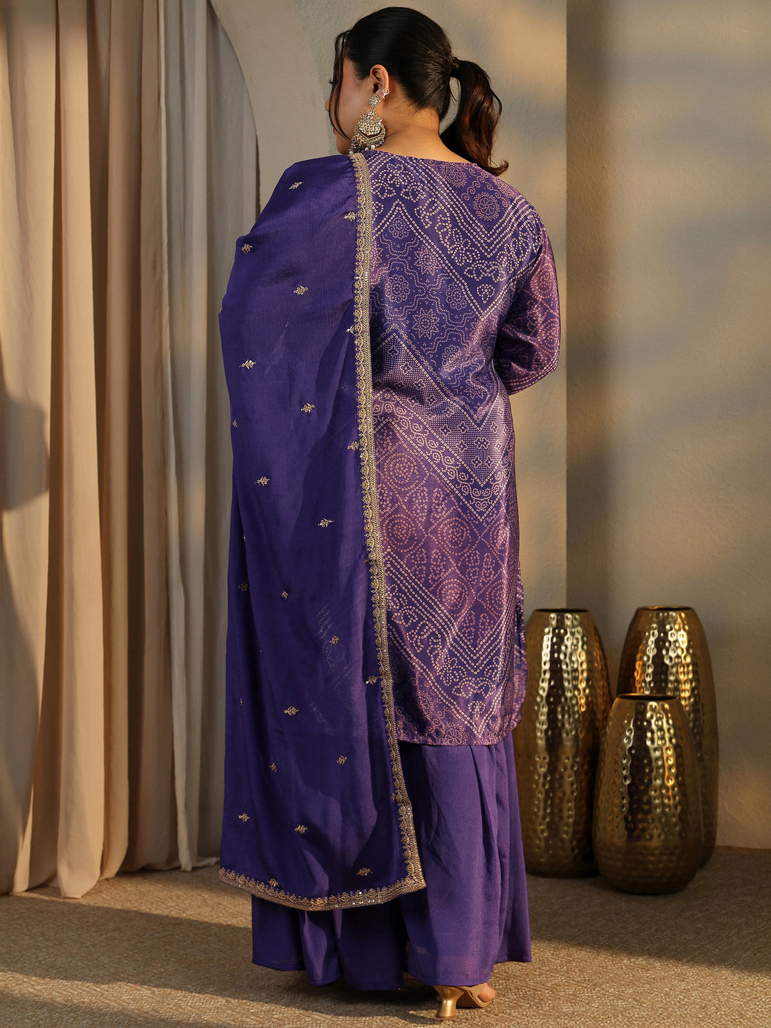 Plus Size Bandhani Printed Chinon Straight Suit Set With Dupatta