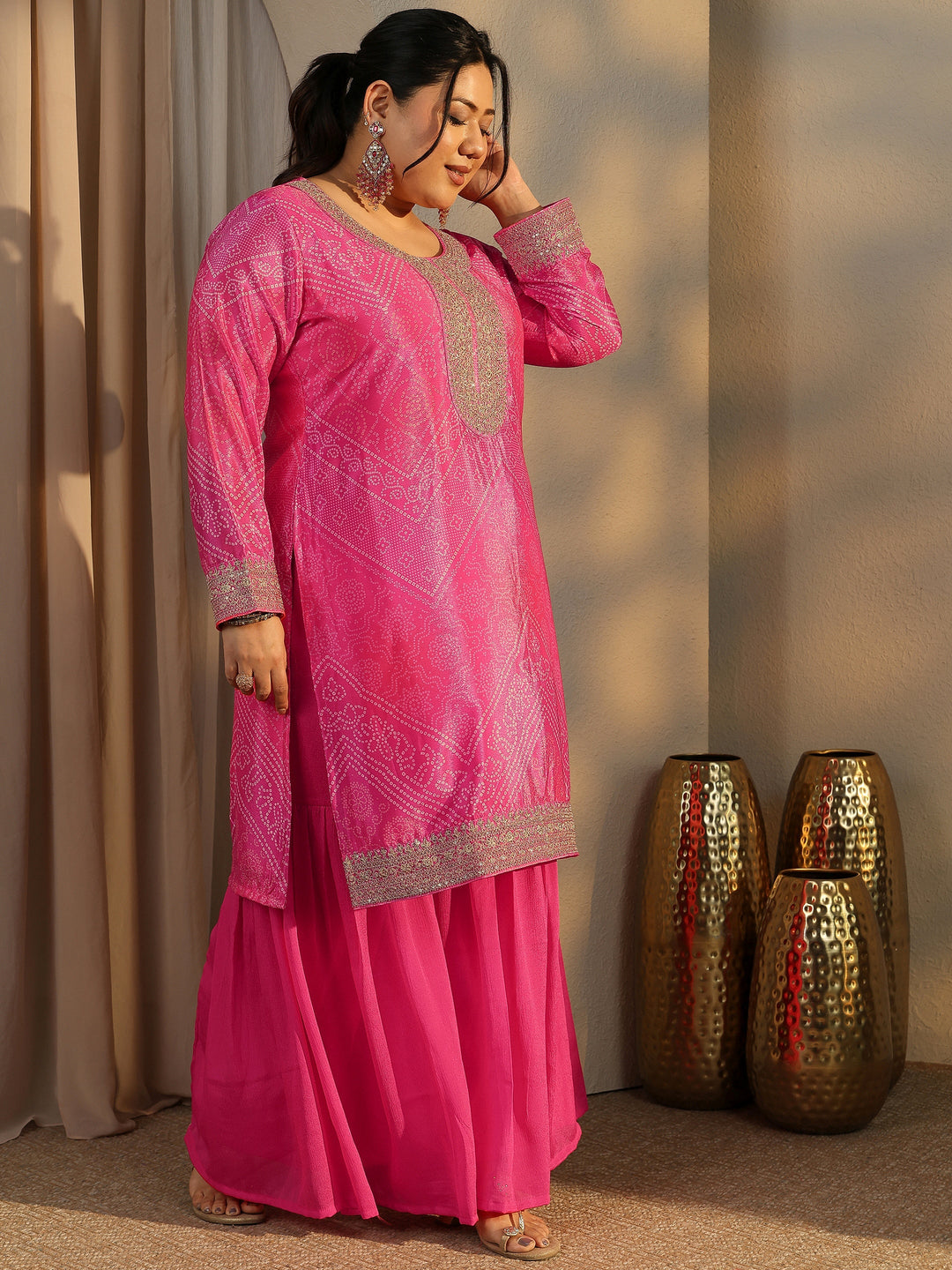 Plus Size Bandhani Embroidered Chinon Straight Suit Set With Dupatta