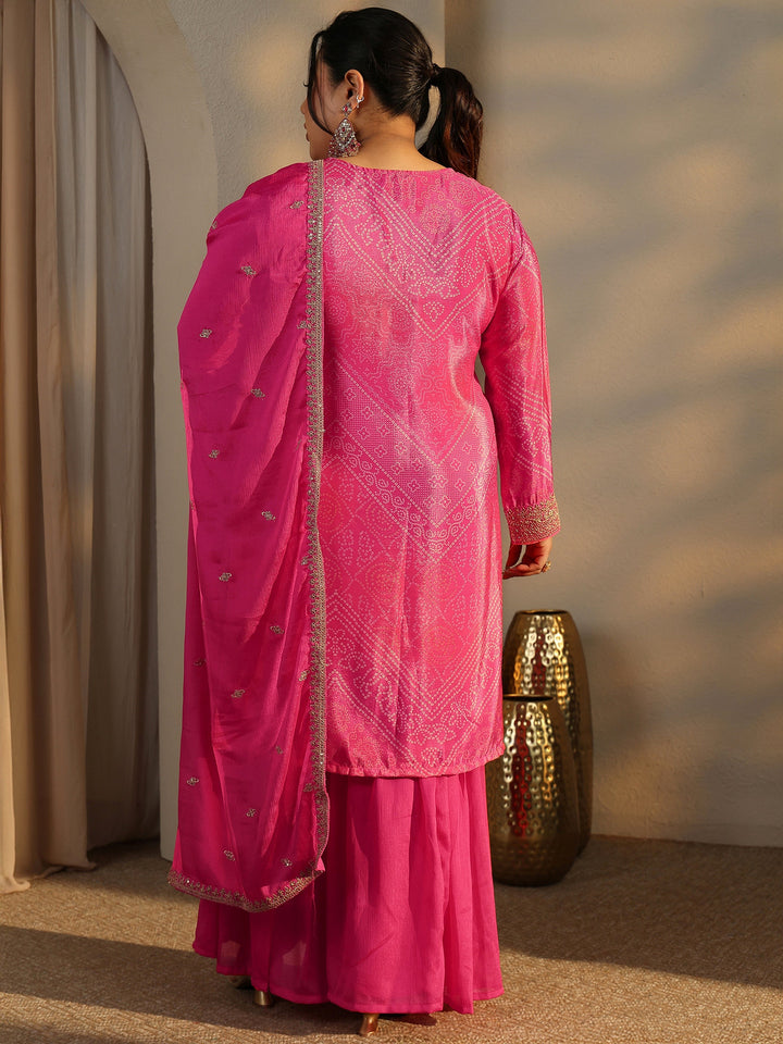 Plus Size Bandhani Embroidered Chinon Straight Suit Set With Dupatta