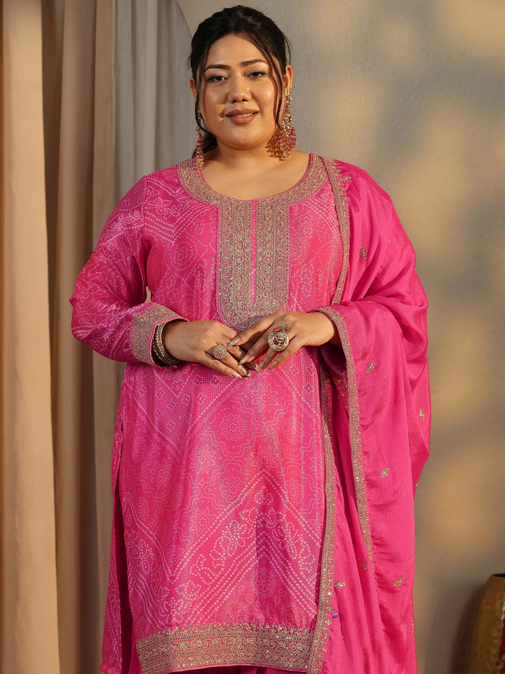 Plus Size Bandhani Embroidered Chinon Straight Suit Set With Dupatta