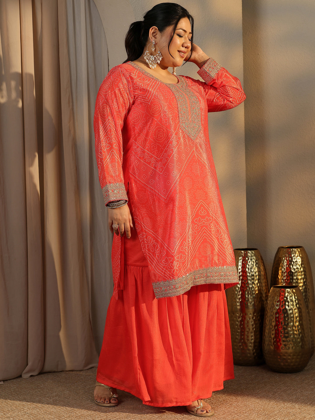 Plus Size Bandhani Printed Chinon Straight Suit Set With Dupatta