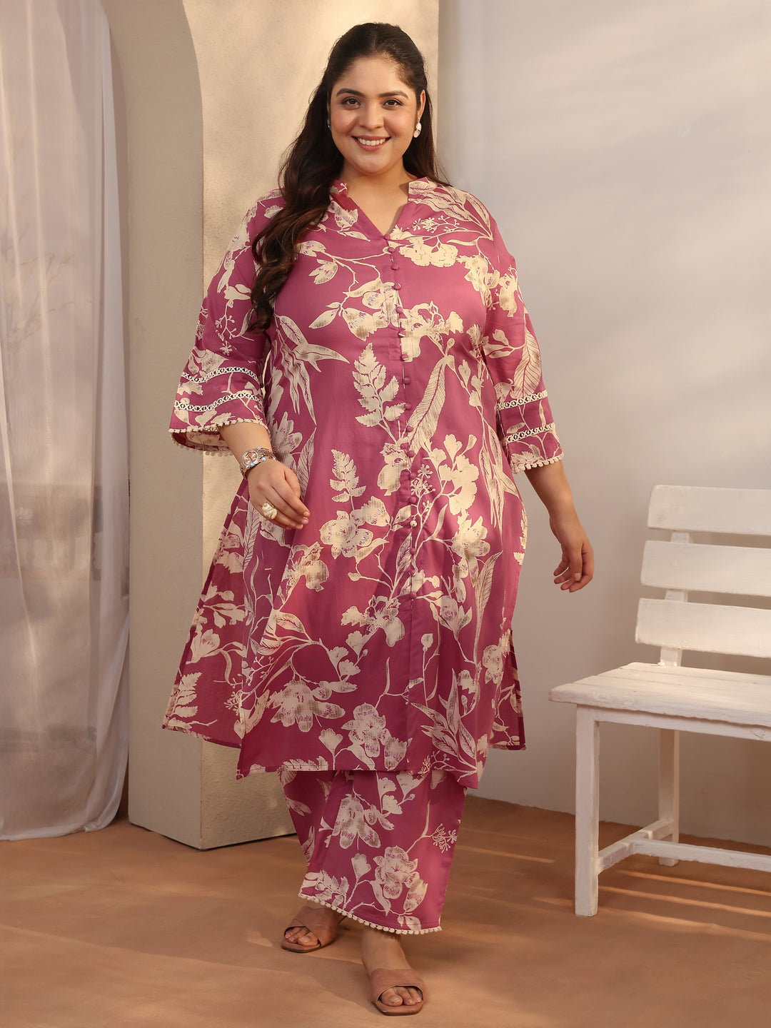Plus Size Pink Printed Cotton A-line Kurta Set