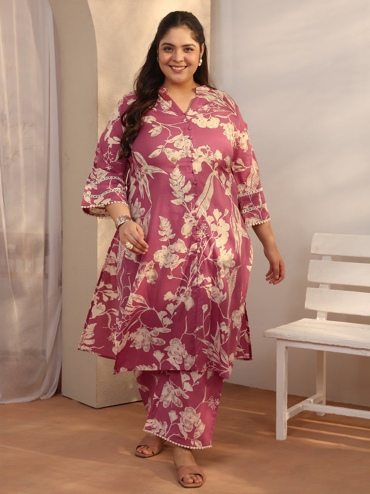 Plus Size Pink Printed Cotton A-line Kurta Set