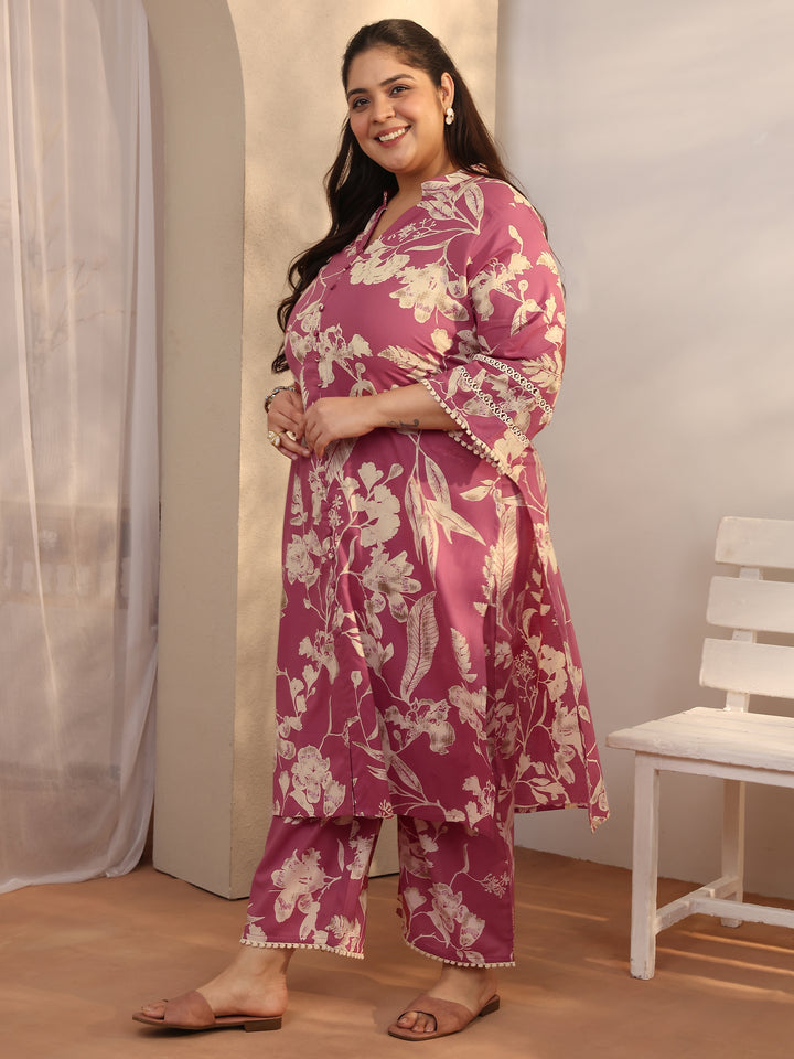 Plus Size Pink Printed Cotton A-line Kurta Set