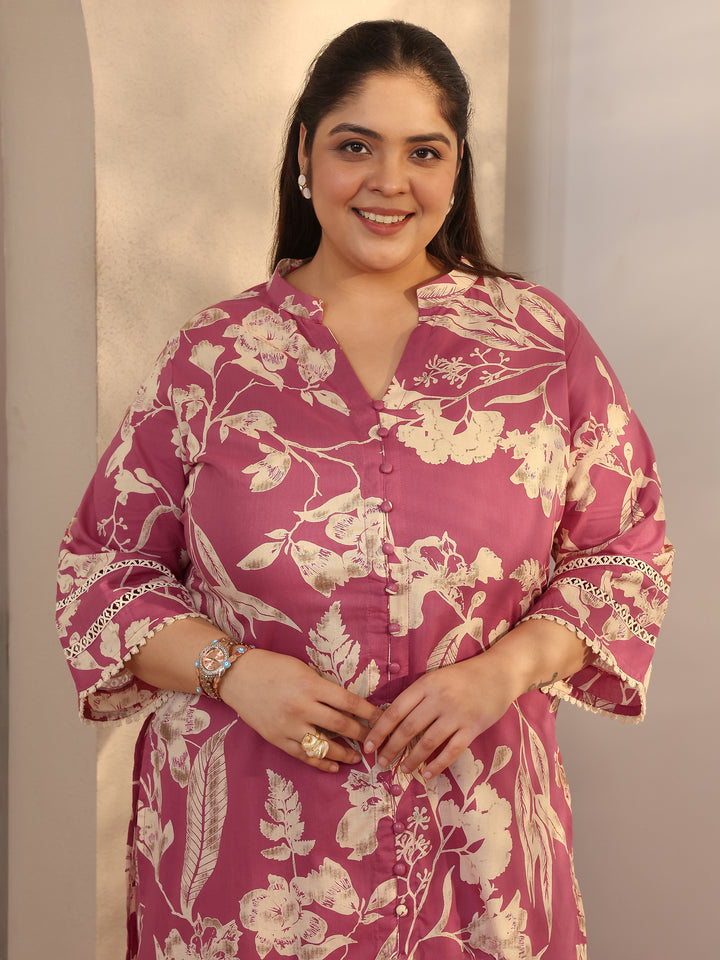 Plus Size Pink Printed Cotton A-line Kurta Set
