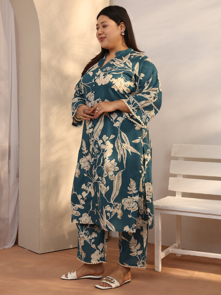 Plus Size Blue Printed Cotton Straight Kurta Set