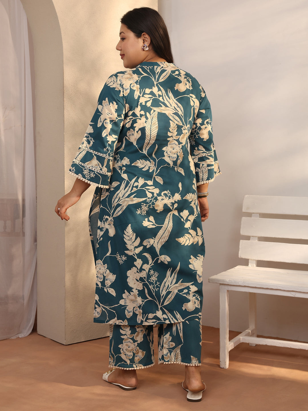 Plus Size Blue Printed Cotton Straight Kurta Set
