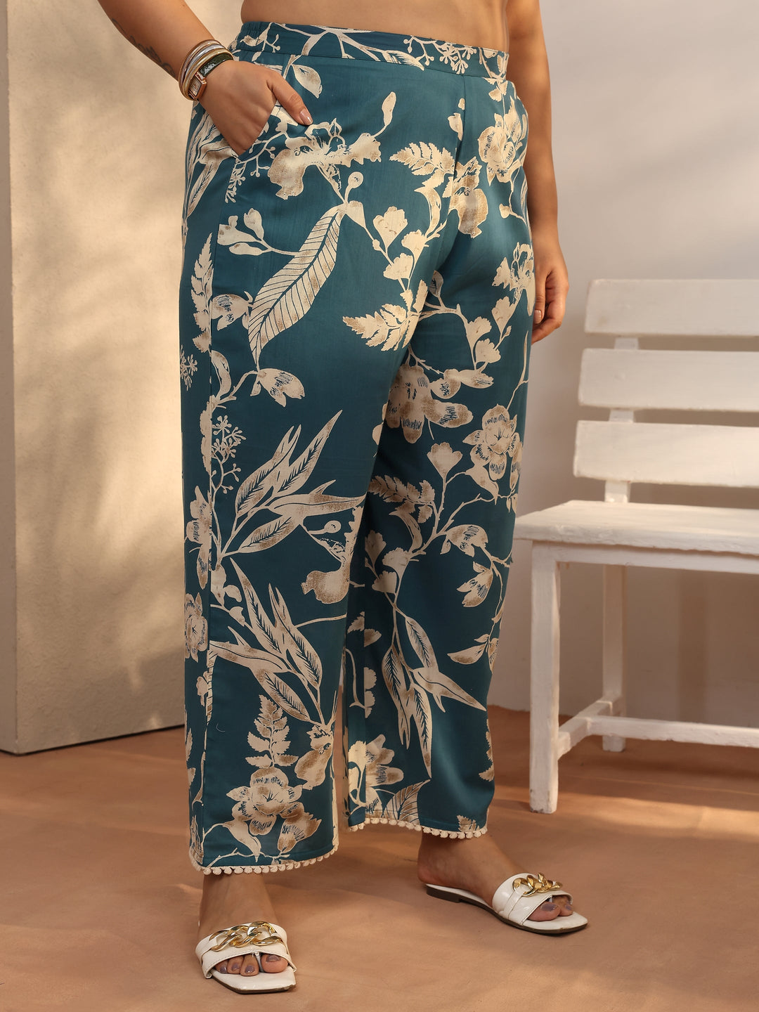 Plus Size Blue Printed Cotton Straight Kurta Set