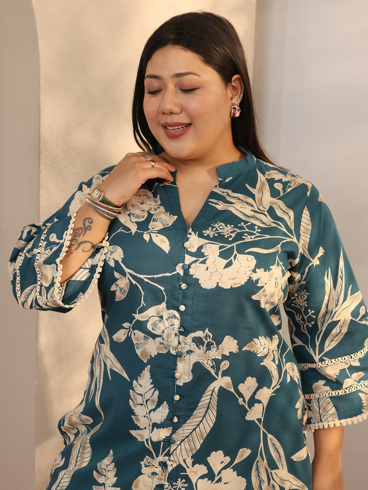 Plus Size Blue Printed Cotton Straight Kurta Set