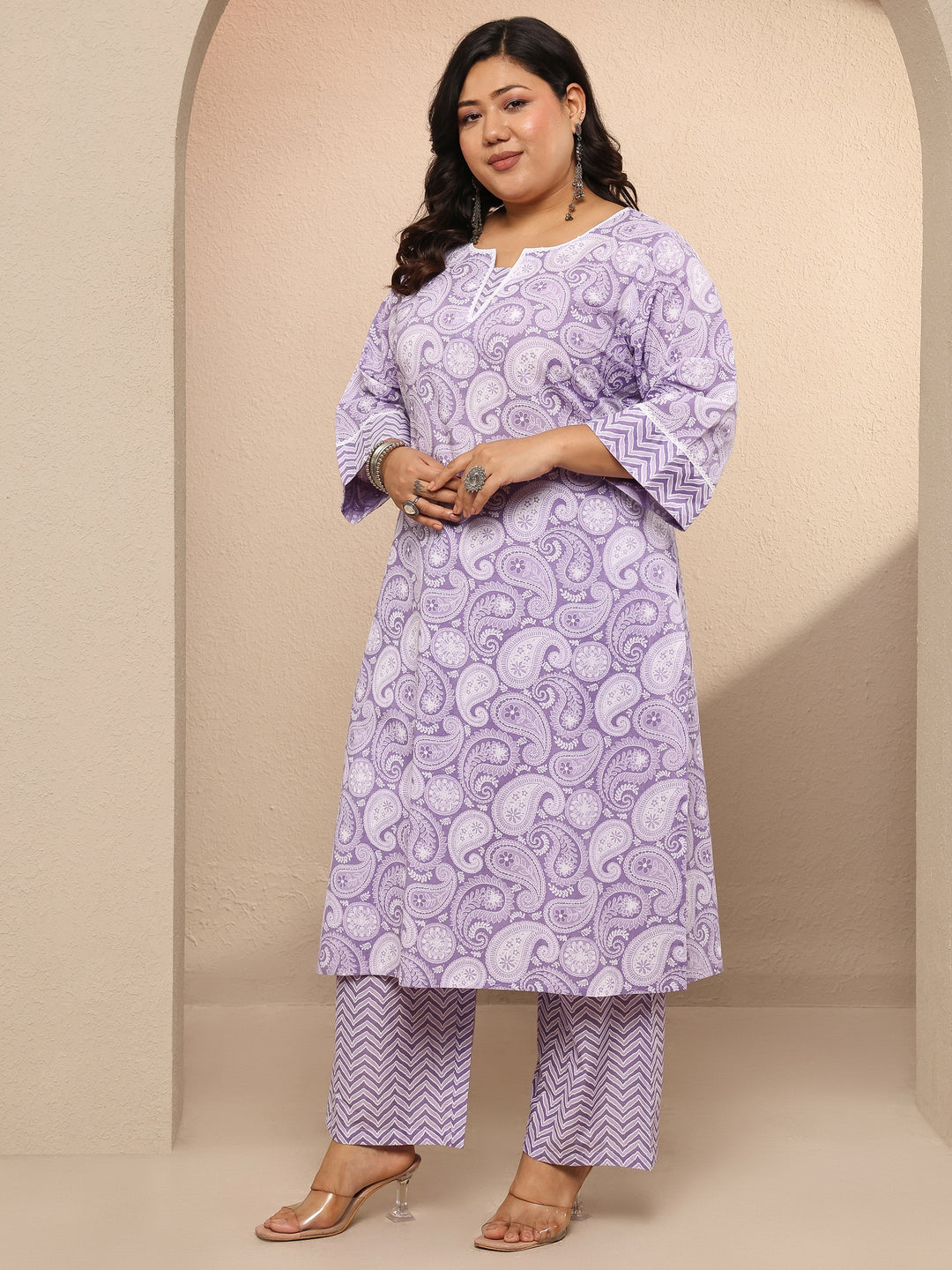 Plus Size Purple Printed Cotton Straight Kurta Set
