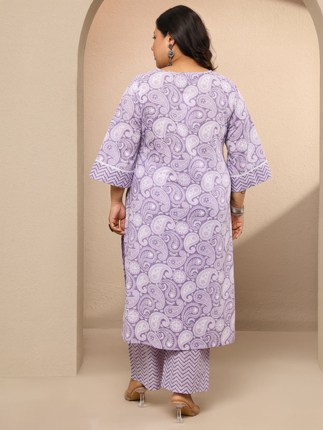 Plus Size Purple Printed Cotton Straight Kurta Set