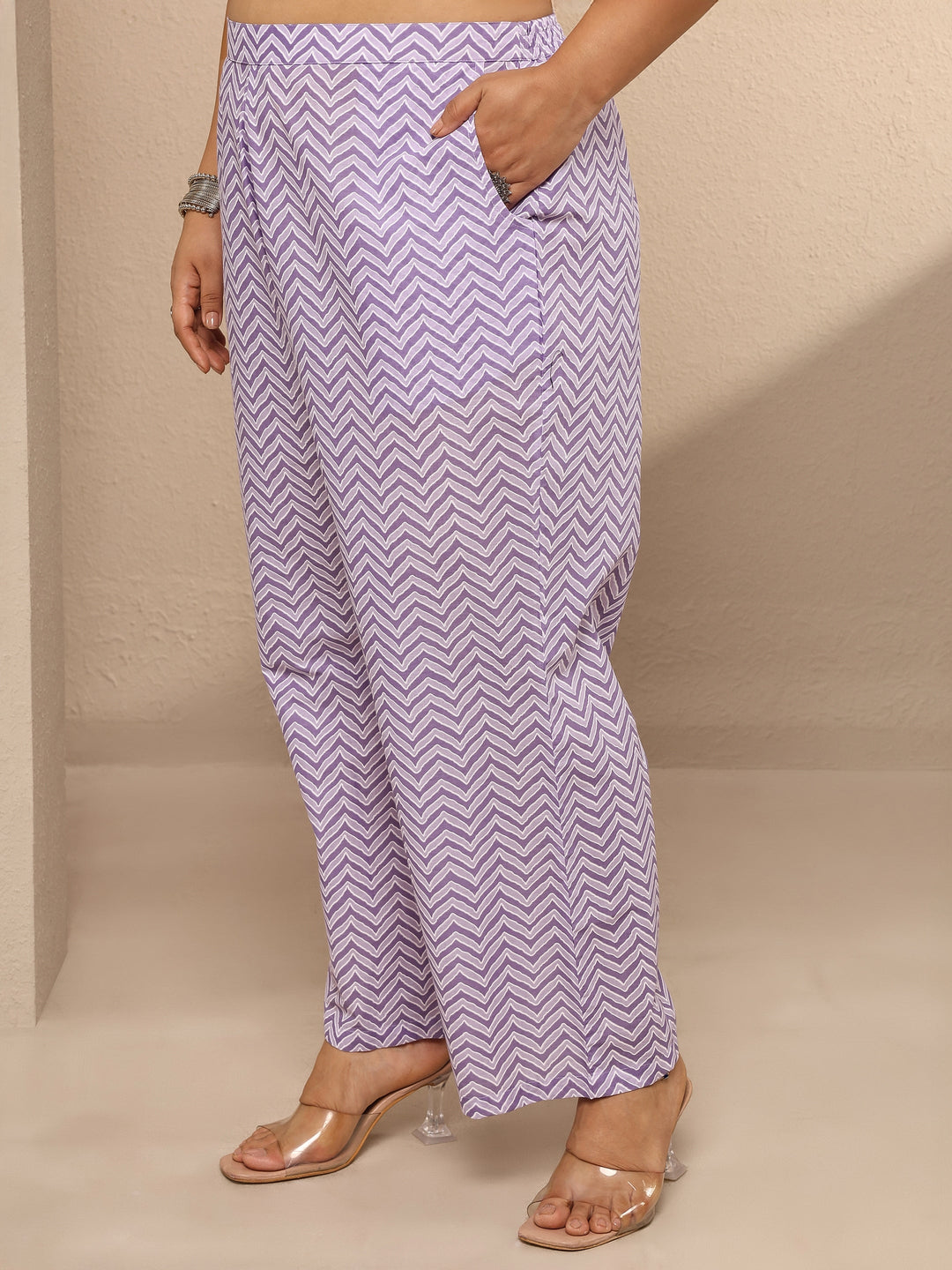 Plus Size Purple Printed Cotton Straight Kurta Set