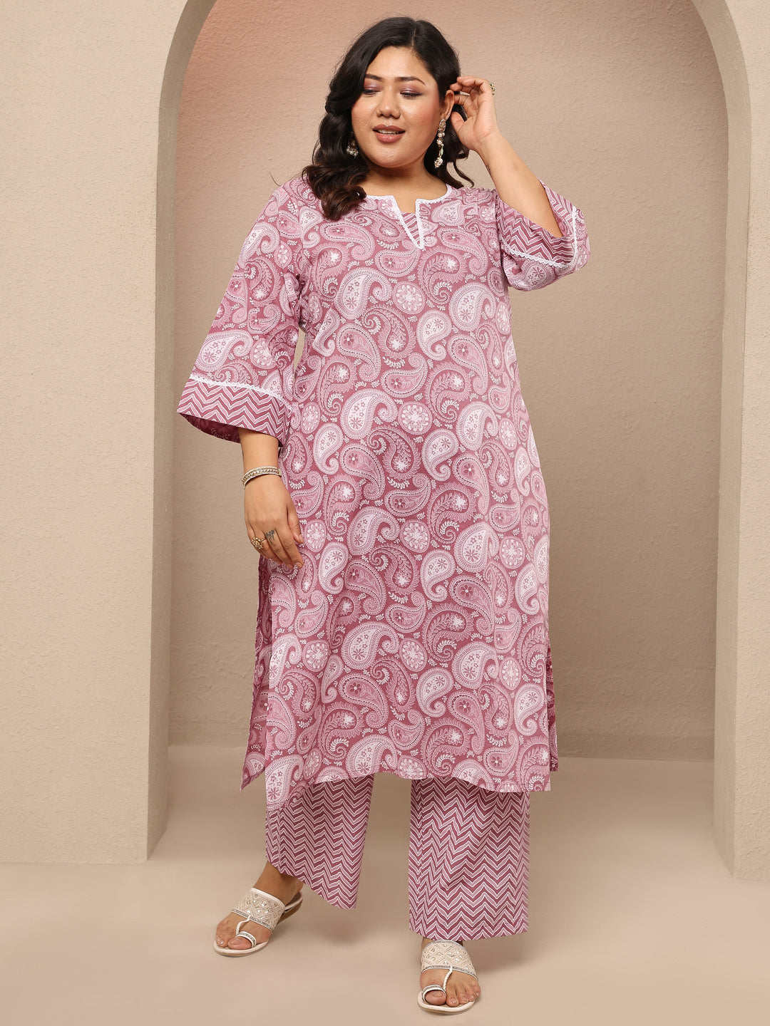Plus Size Mauve Printed Cotton Straight Kurta Set