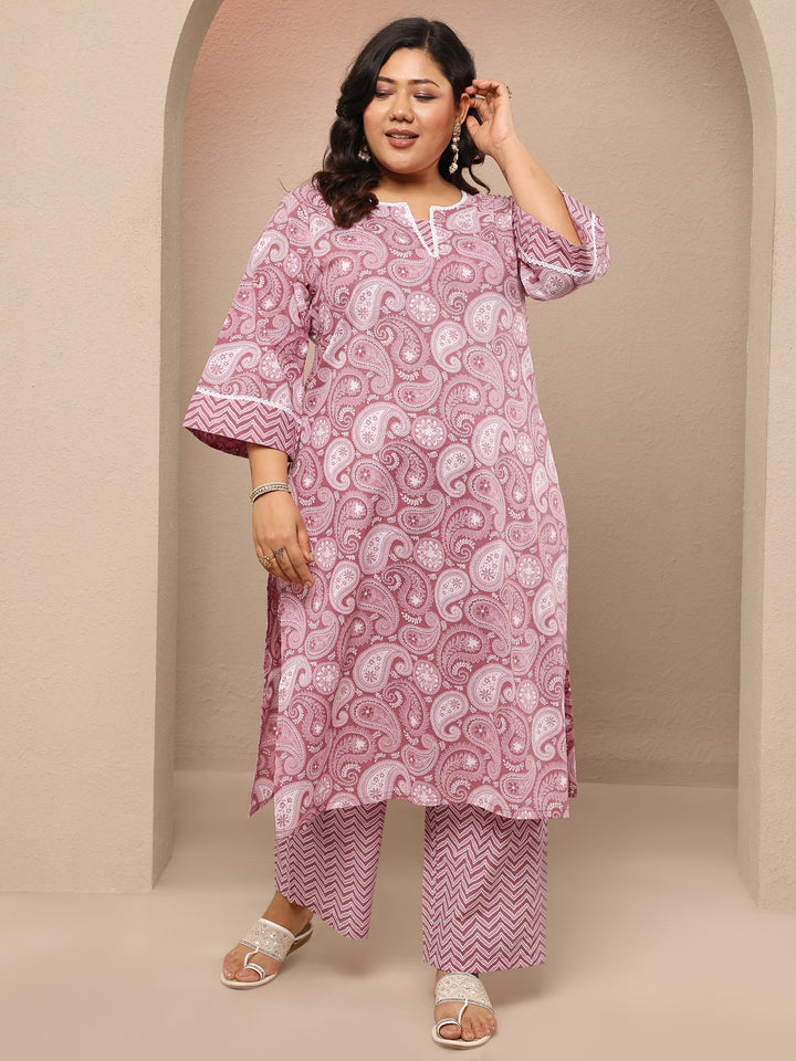 Plus Size Mauve Printed Cotton Straight Kurta Set