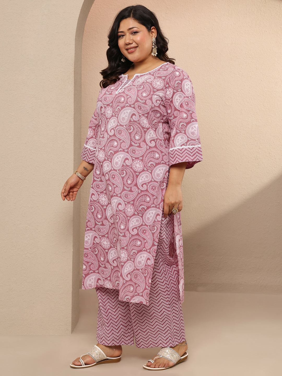 Plus Size Mauve Printed Cotton Straight Kurta Set