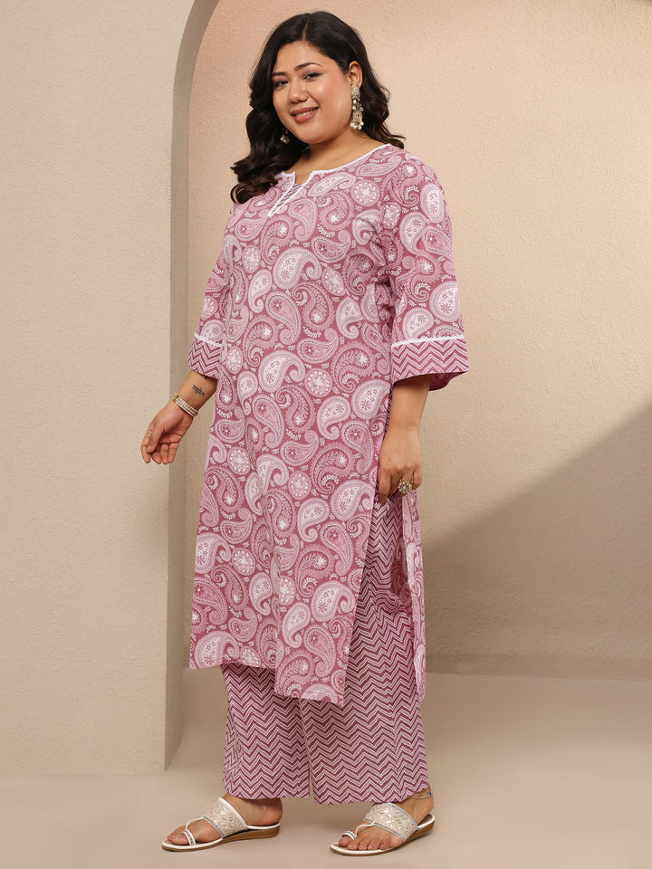 Plus Size Mauve Printed Cotton Straight Kurta Set