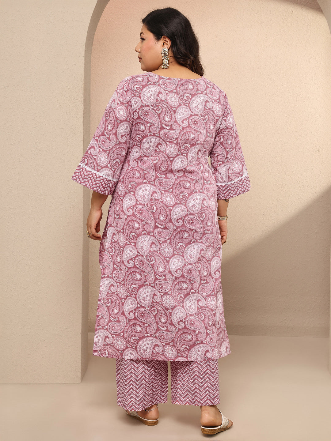 Plus Size Mauve Printed Cotton Straight Kurta Set