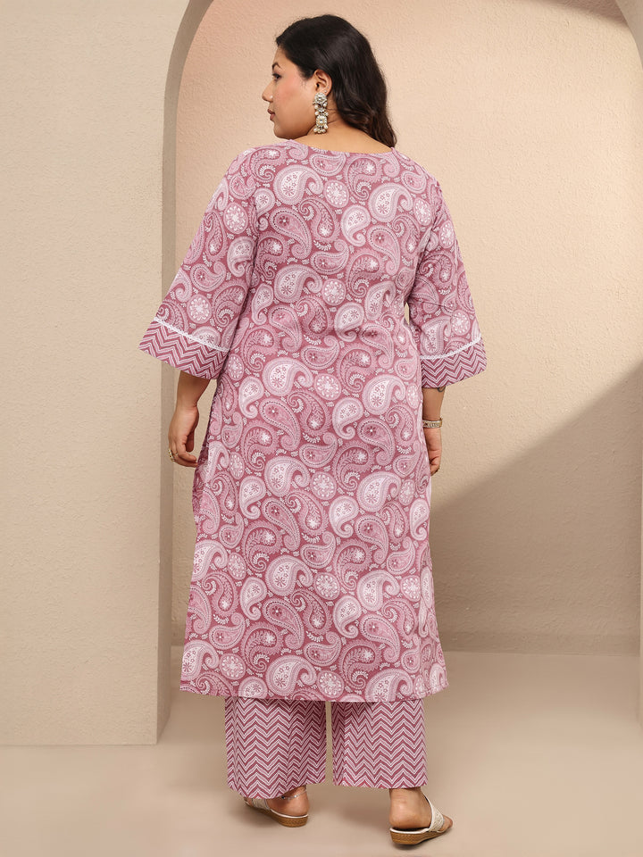 Plus Size Mauve Printed Cotton Straight Kurta Set