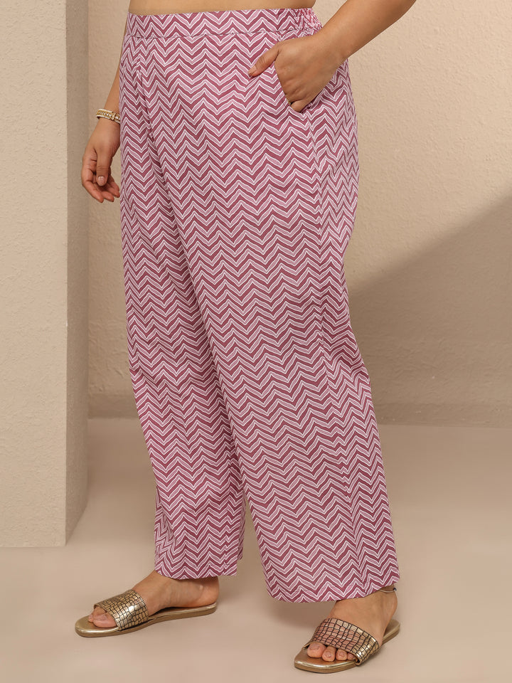 Plus Size Mauve Printed Cotton Straight Kurta Set