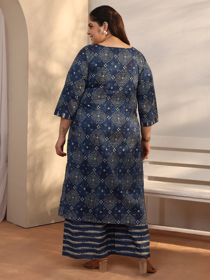 Plus Size Blue Bandhani Printed Cotton Straight Kurta Set
