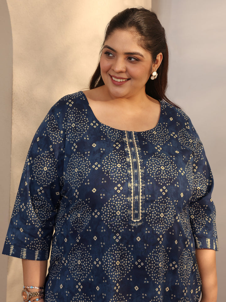 Plus Size Blue Bandhani Printed Cotton Straight Kurta Set