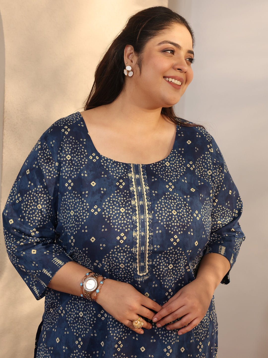 Plus Size Blue Bandhani Printed Cotton Straight Kurta Set