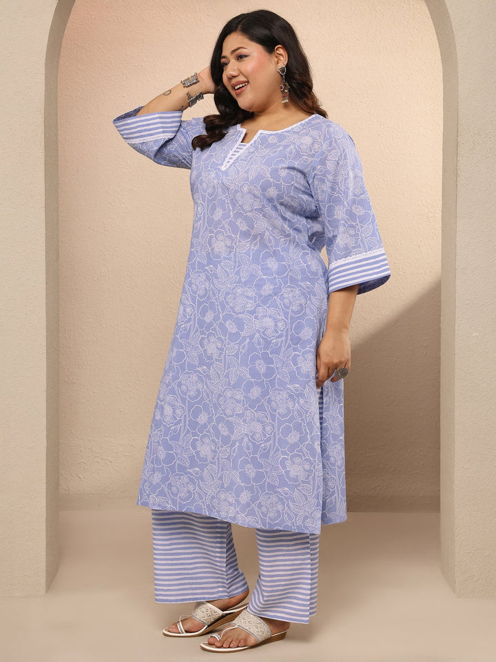 Plus Size Blue Printed Cotton Straight Kurta Set