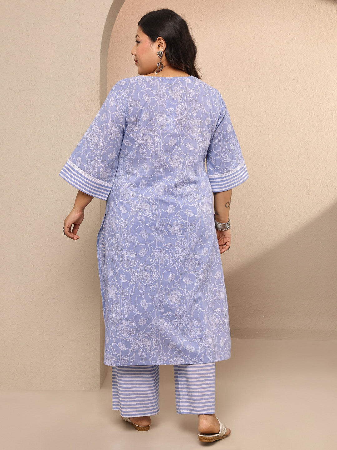 Plus Size Blue Printed Cotton Straight Kurta Set
