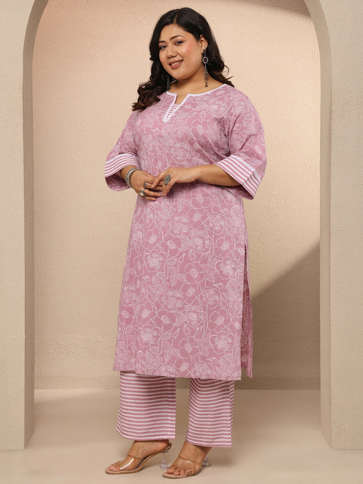Plus Size Mauve Printed Cotton Straight Kurta Set