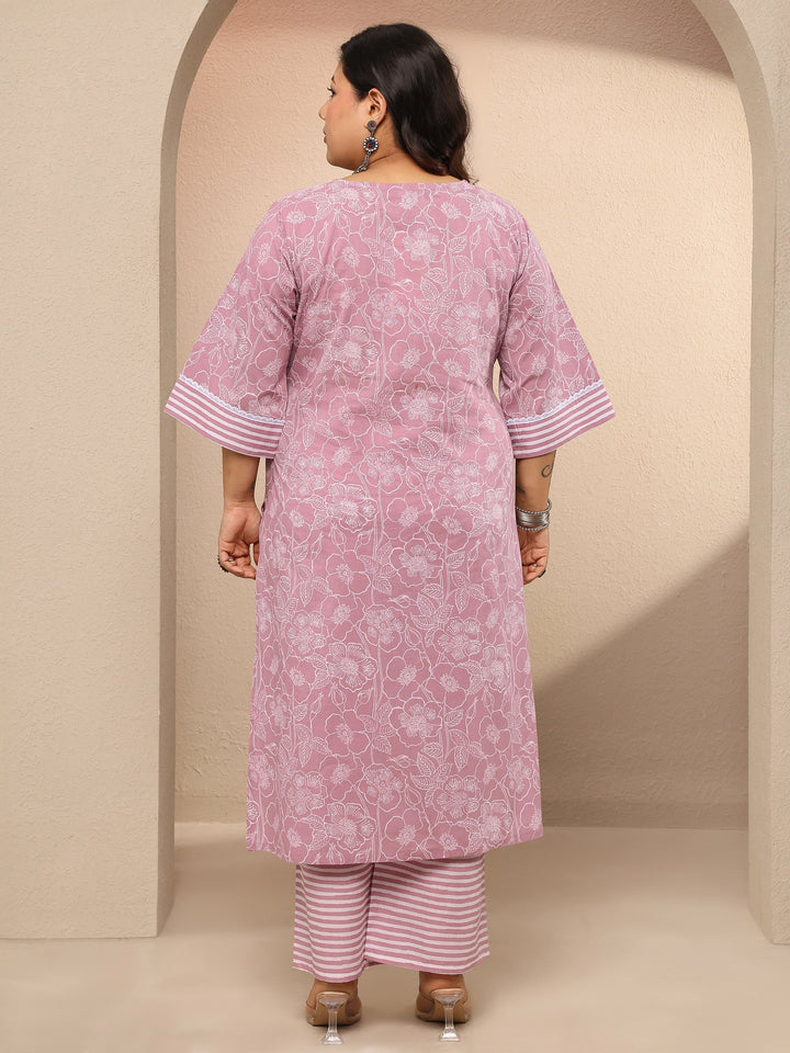 Plus Size Mauve Printed Cotton Straight Kurta Set