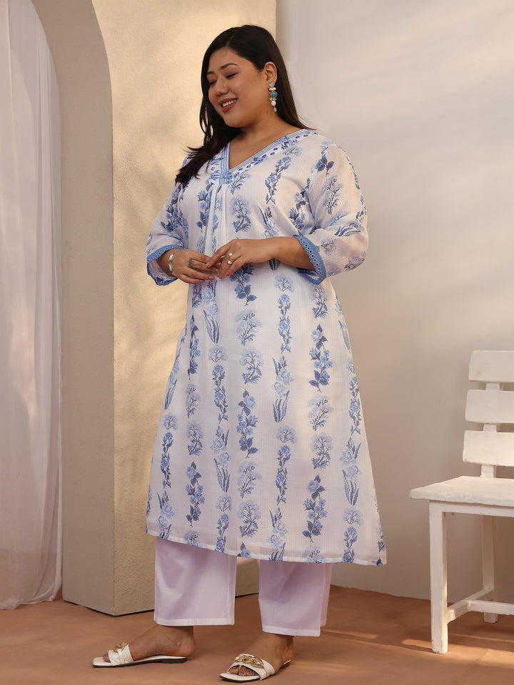 Plus Size White Printed Kota Straight Suit Set With Dupatta