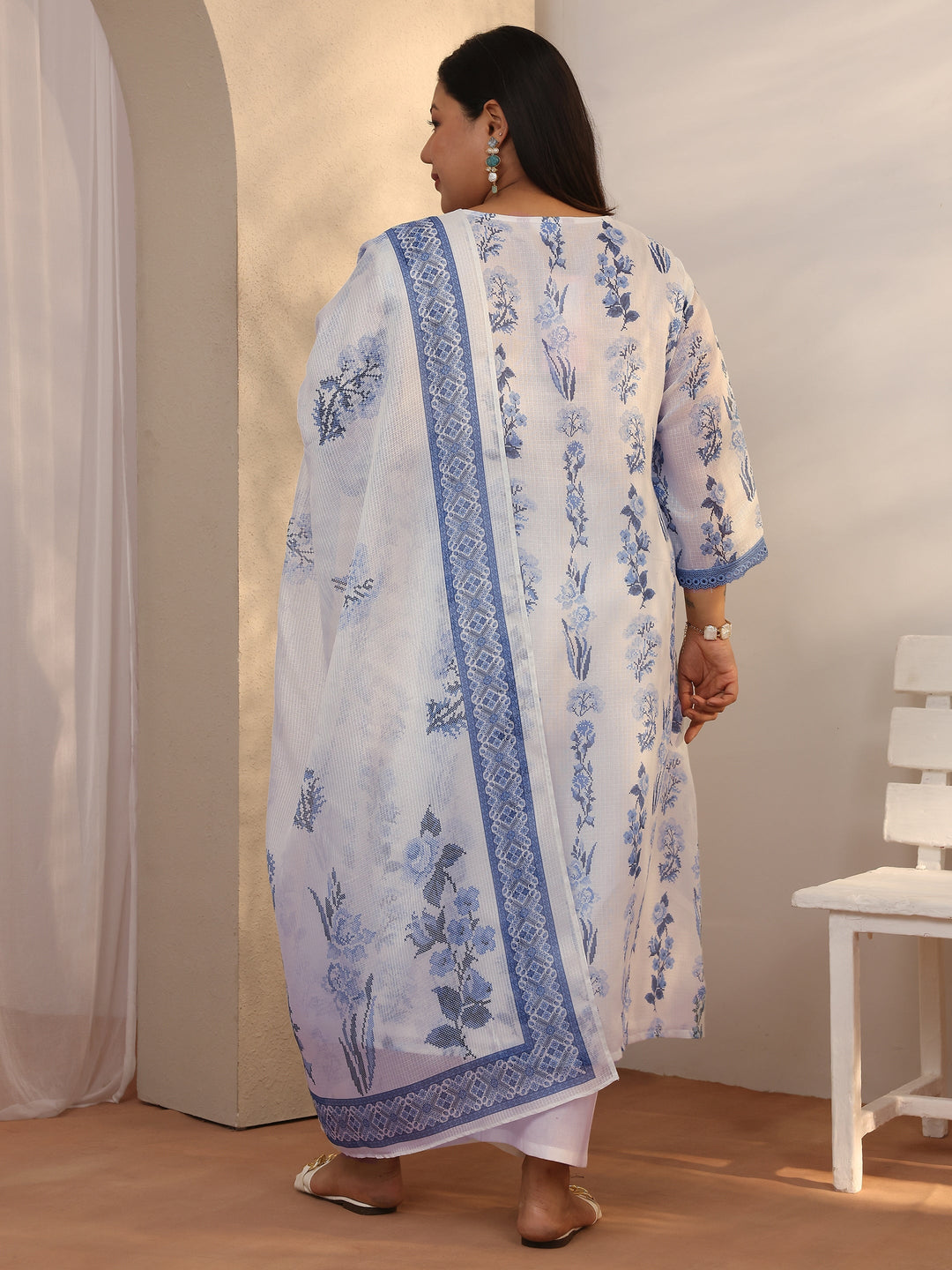 Plus Size White Printed Kota Straight Suit Set With Dupatta