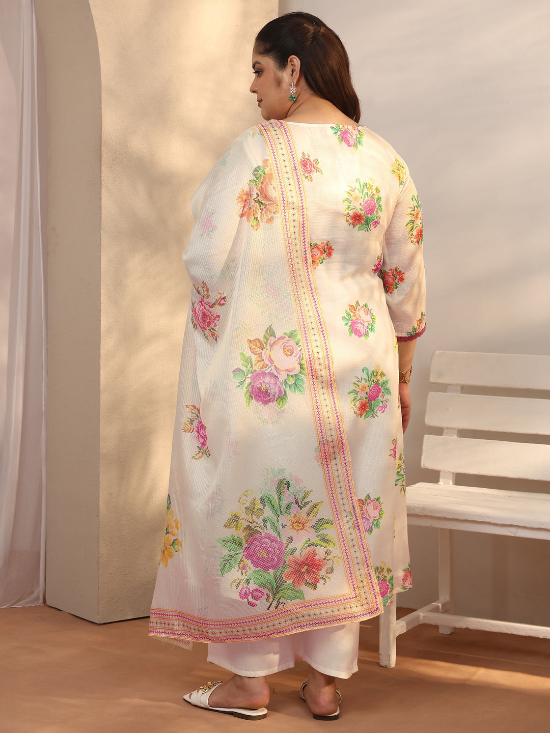 Plus Size White Printed Kota Straight Suit Set With Dupatta