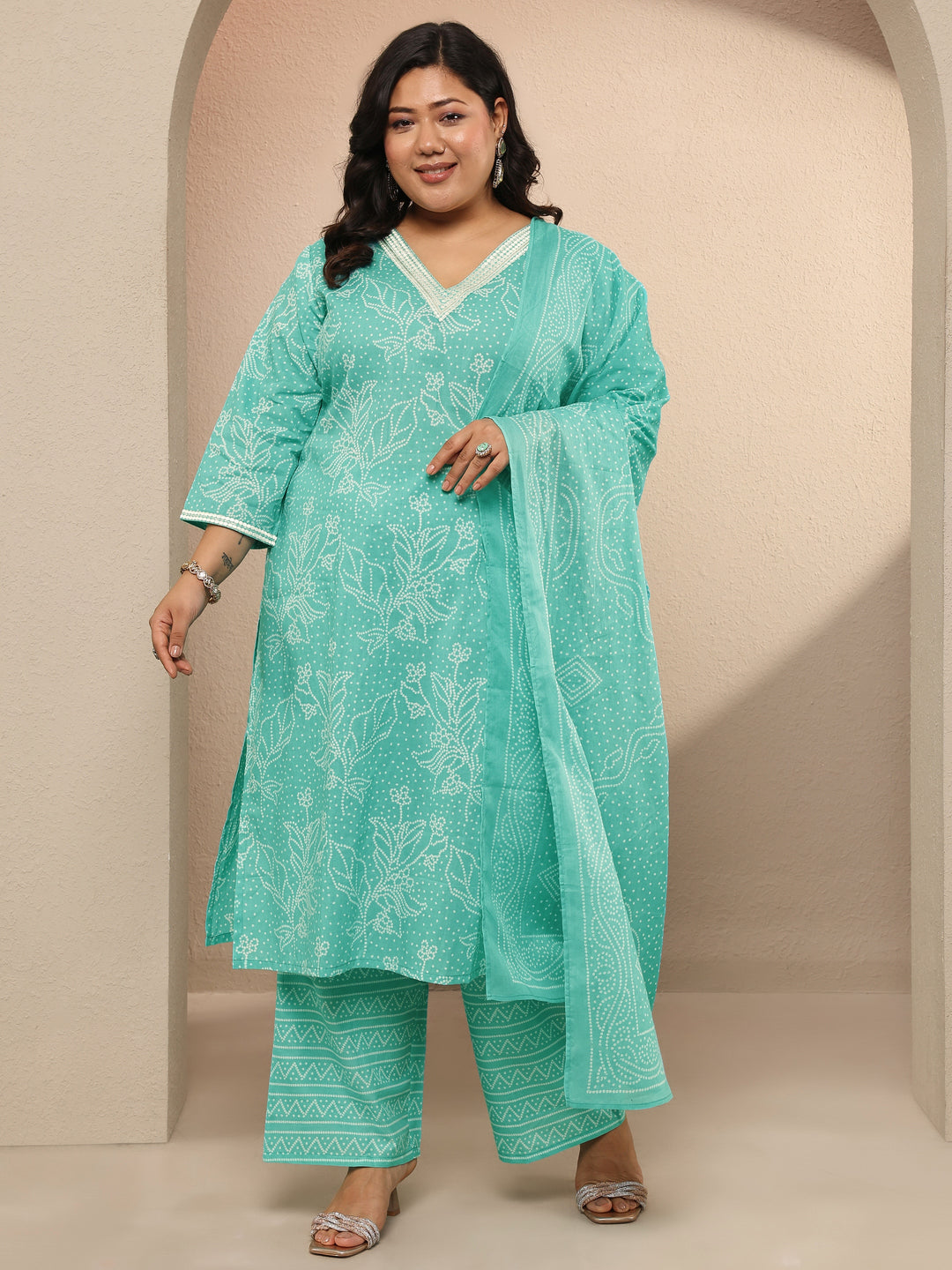 Plus Size Green Printed Cotton Straight Suit Set With Dupatta