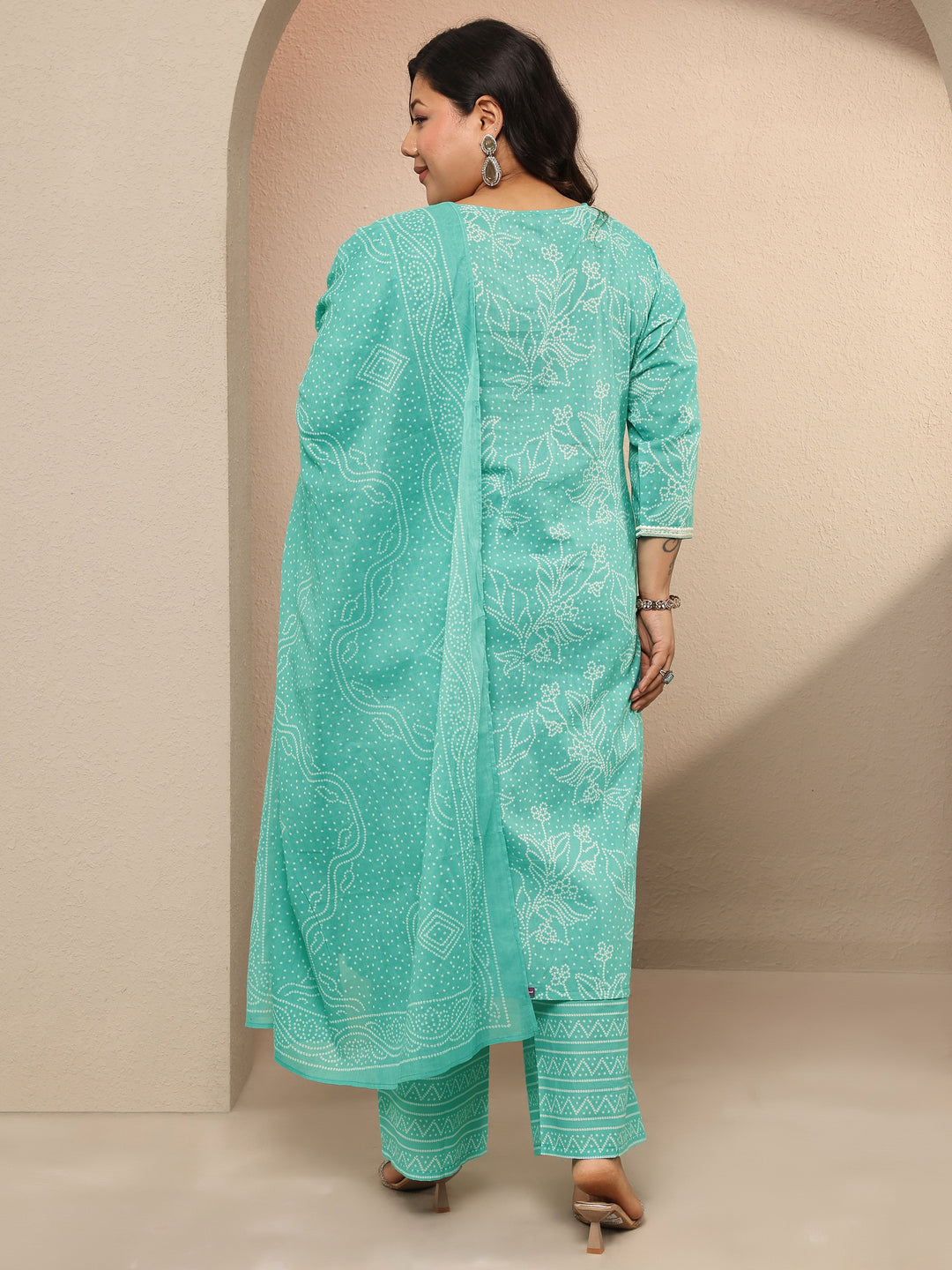 Plus Size Green Printed Cotton Straight Suit Set With Dupatta