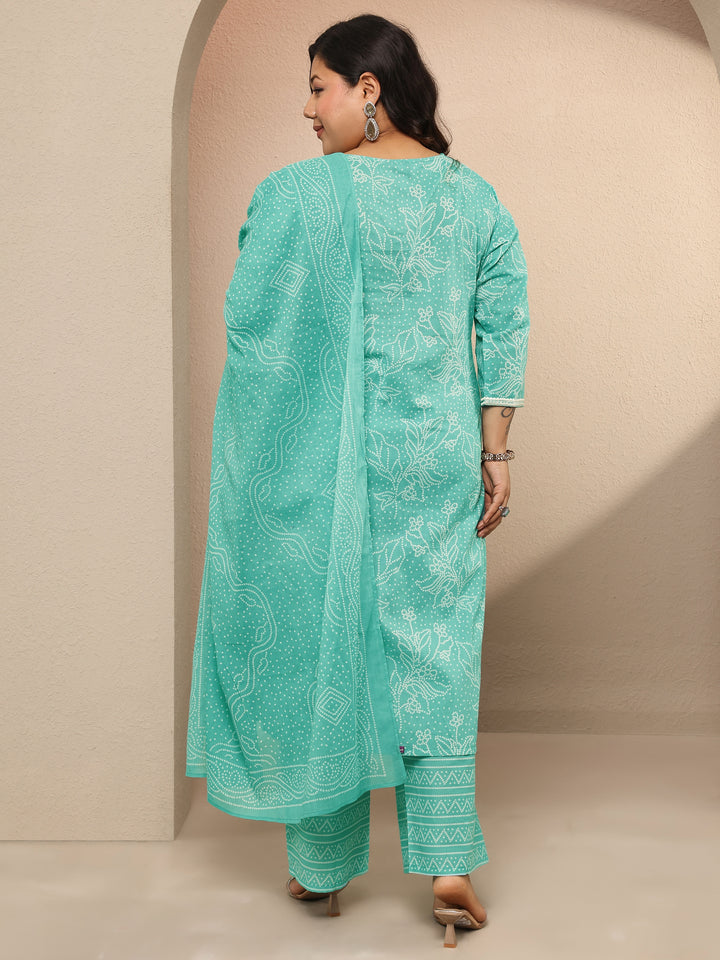 Plus Size Green Printed Cotton Straight Suit Set With Dupatta