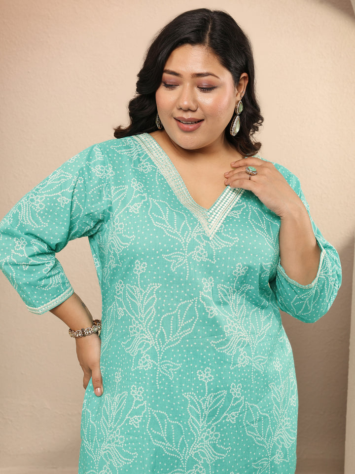 Plus Size Green Printed Cotton Straight Suit Set With Dupatta
