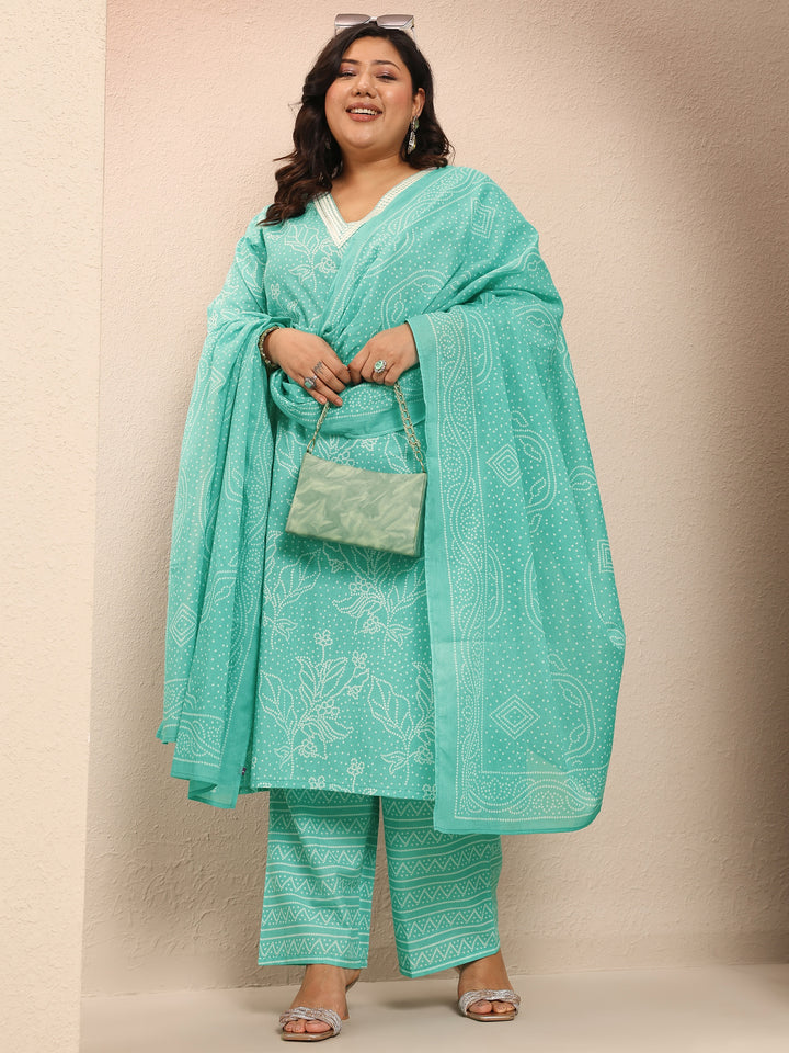 Plus Size Green Printed Cotton Straight Suit Set With Dupatta