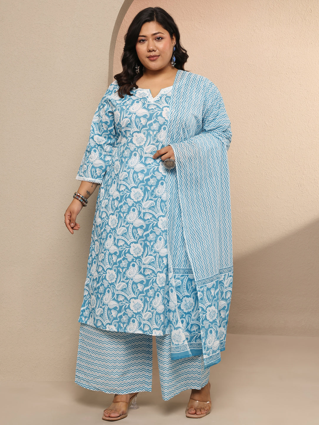 Plus Size Blue Printed Cotton Straight Suit Set With Dupatta