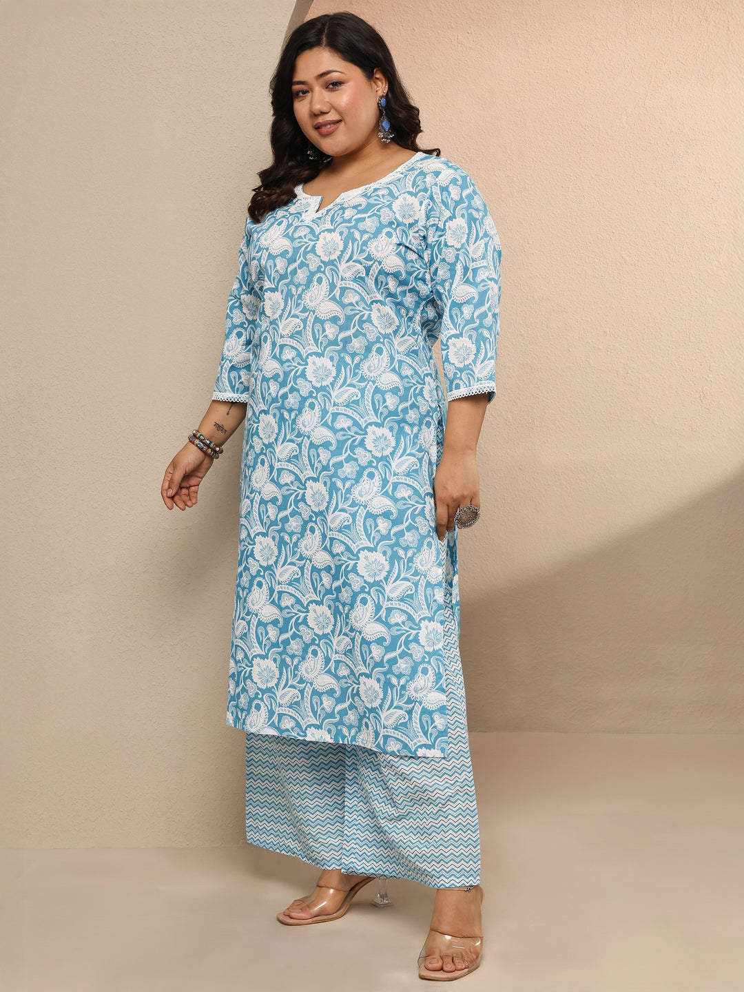 Plus Size Blue Printed Cotton Straight Suit Set With Dupatta